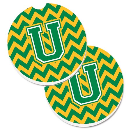 Carolines Treasures Letter U Chevron Green and Gold Set of 2 Cup Holder Car Coaster CJ1059-UCARC